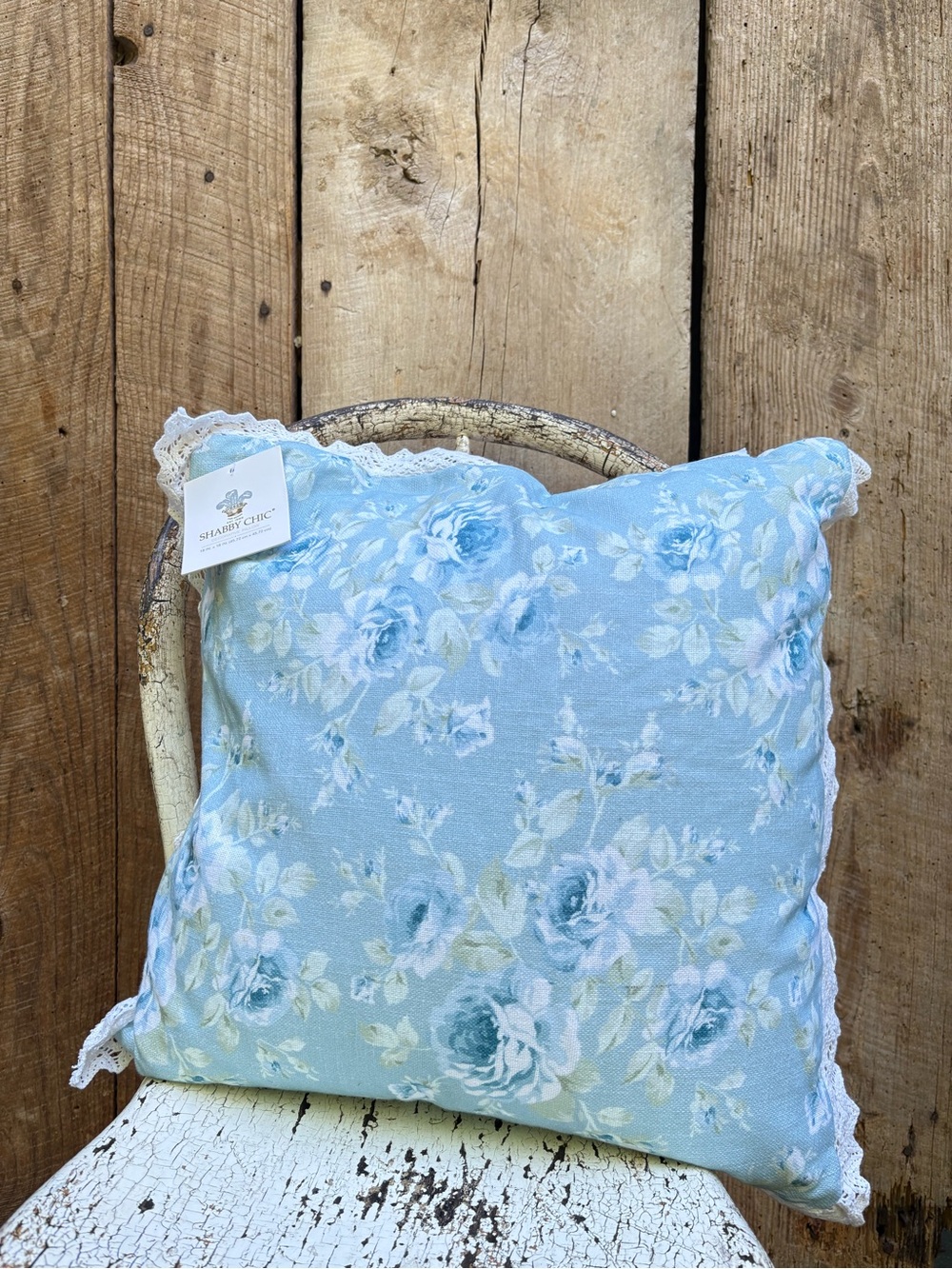 Shabby Chic Pale Blue Floral Lace-Trim Pillow